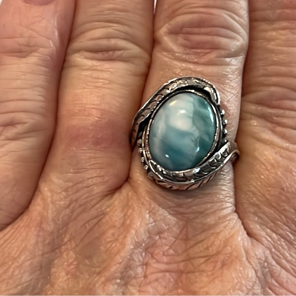 #1 Solid Sterling Silver Larimar Ring Size 8.75 N… - image 3